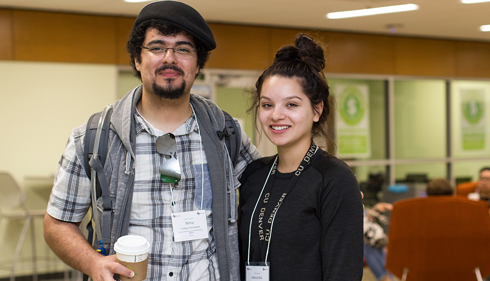 Nima Yadegari Rahatabad and Alexandra Cosmann attend a transfer student orientation.