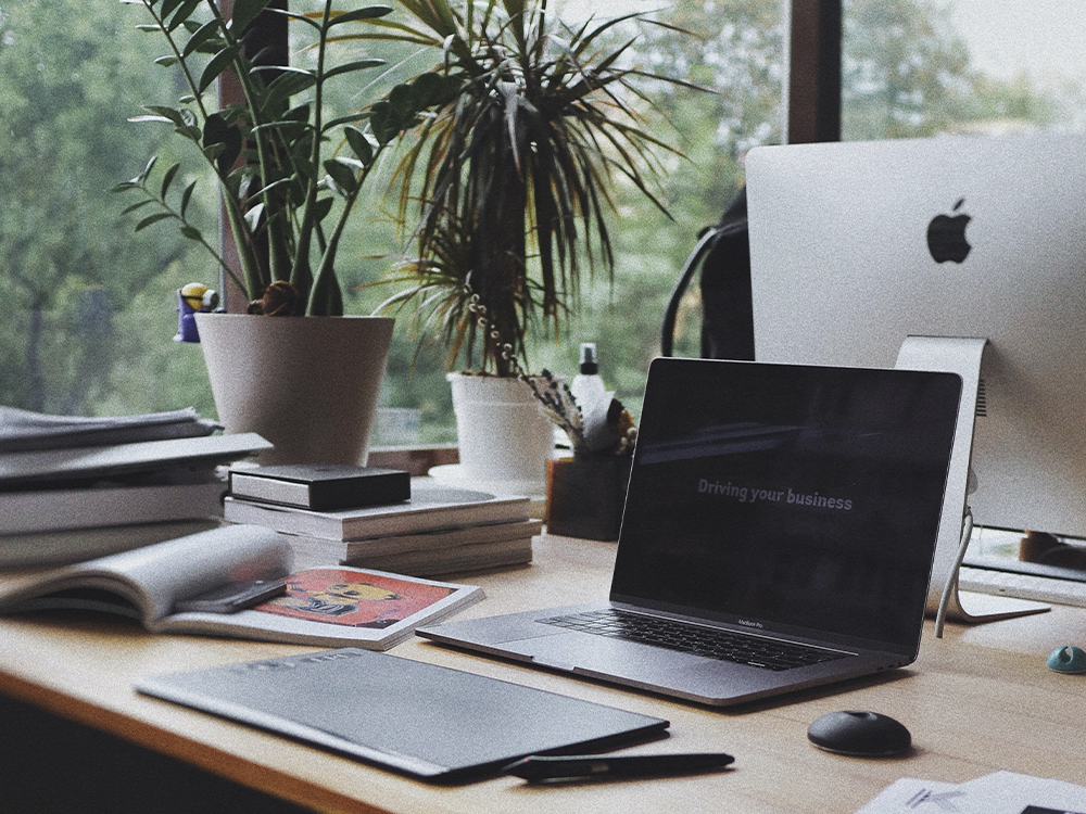 A laptop sits on a desk by a window along with plants, an open book and papers.